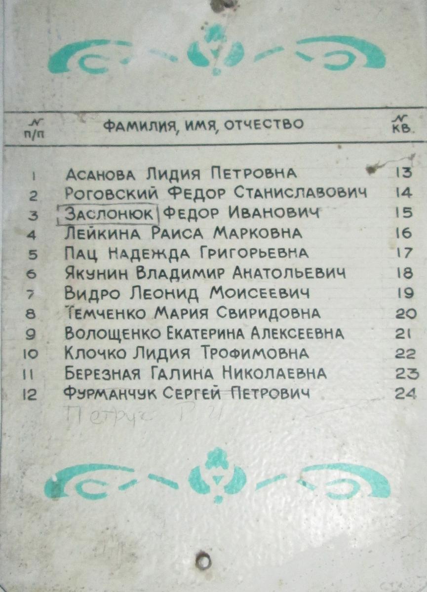 Список жильців другого під'їзду станом на початок 1990-х.